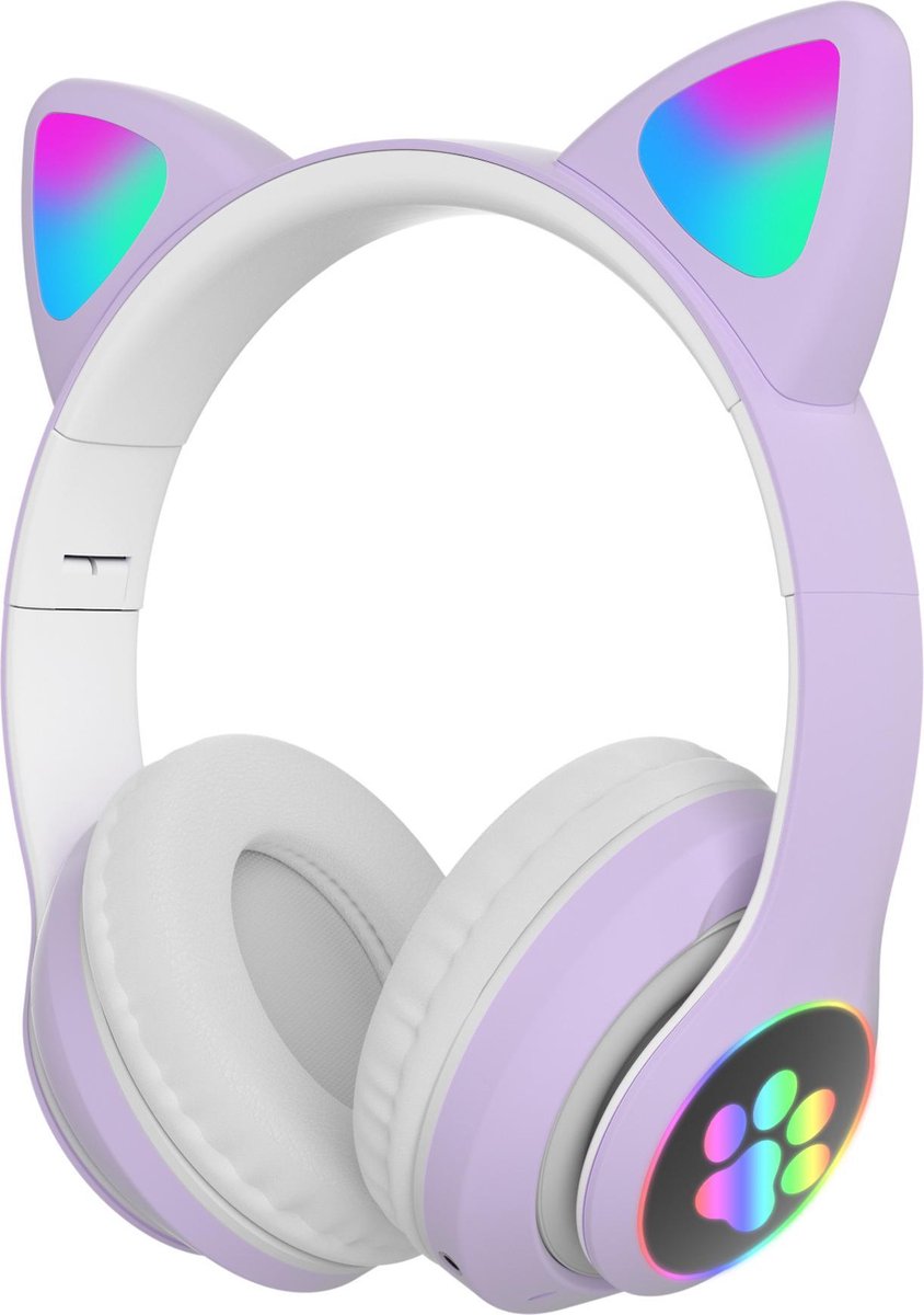 Kinder hoofdtelefoon - cat headphones| Draadloze koptelefoon Bluetooth met led kattenoortjes paars | Koptelefoon voor Kinderen - Met Led Kat Oortjes | met verlichting poot