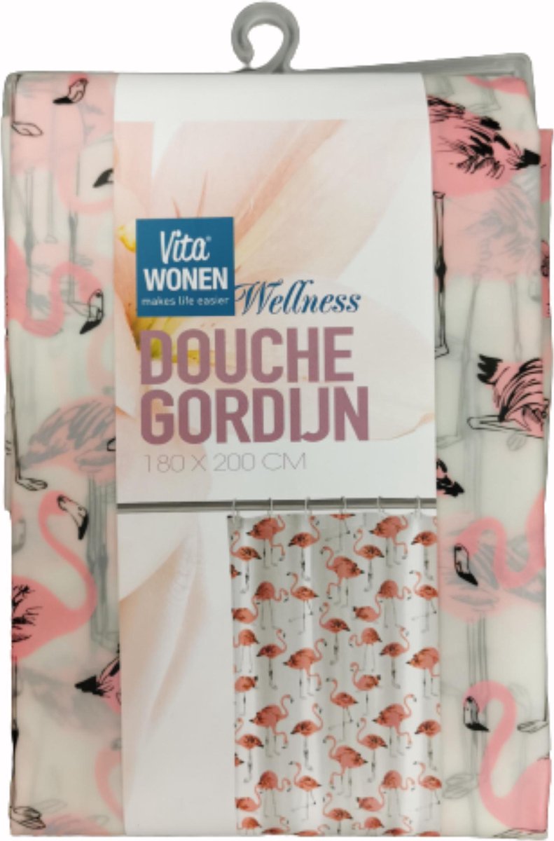 Flamingo Douchegordijn 180 x 200 cm Wit/Roze Inclusief Gratis