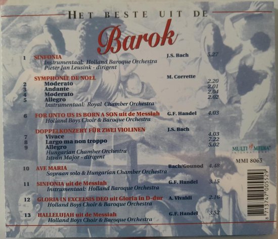 Achterkant CD-hoes met tracklist voor 'Het Beste uit de Barok', inclusief componisten en uitvoerenden.
