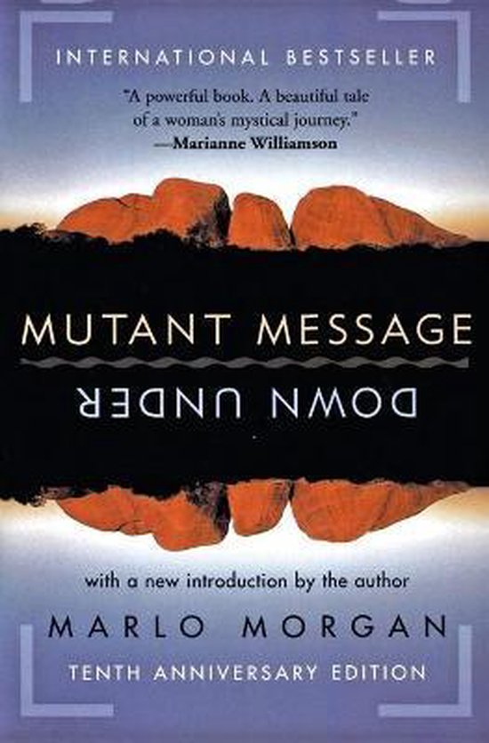 Boek 'Mutant Message Down Under' door Marlo Morgan. Omslag met rotsen en tekst.