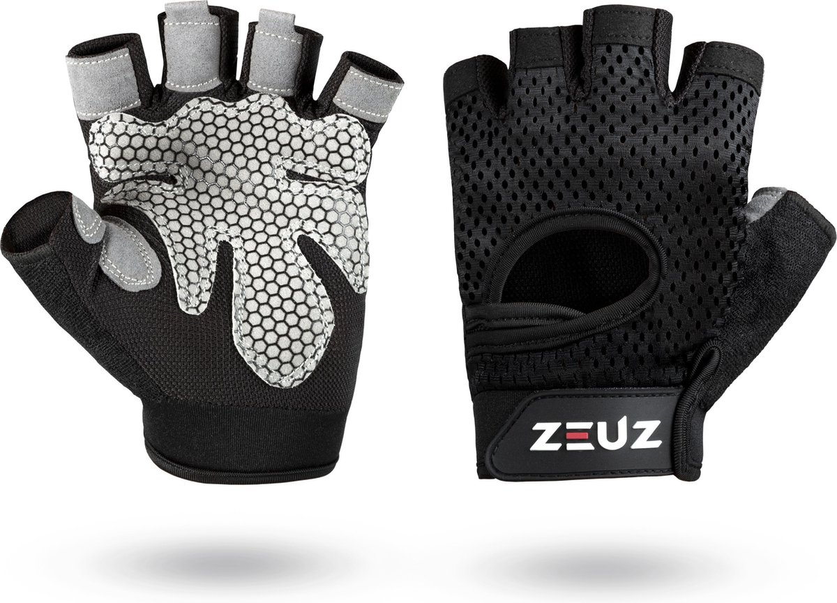 ZEUZ Sport & Fitness Handschoenen Dames & Heren – Krachttraining Artikelen – Gym & CrossFit Training – Grijs & Zwart – Gloves voor meer grip en bescherming tegen blaren & eelt - Maat L - ZEUZ