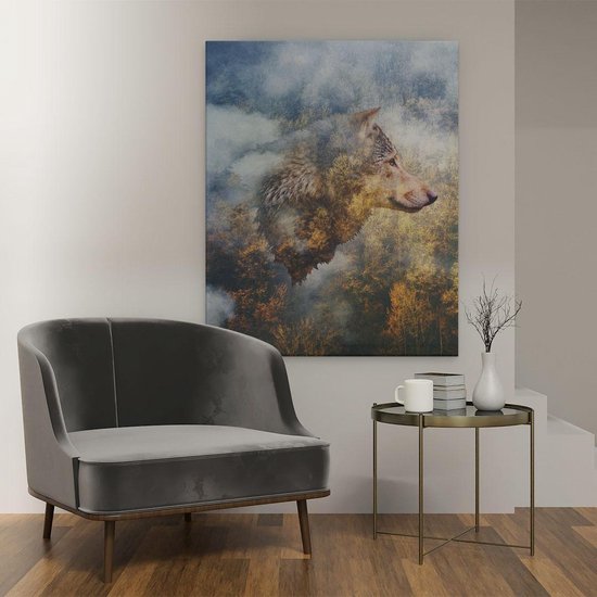 Artaza - Peinture sur toile - Tête de loup sur une forêt d'automne - Loup - Abstrait - 80 x 100 - Groot - Photo sur toile - Impression sur toile