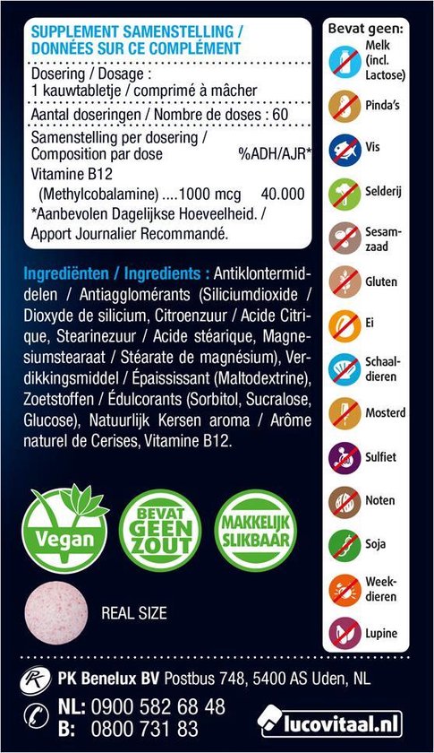 Lucovitaal Vitamine B12 1000 micogram Voedingssupplement - 60 kauwtabletten - Kersensmaak