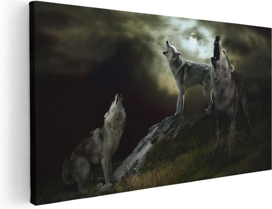 Artaza - Peinture sur toile - Trois loups hurlants pendant la pleine lune - 60x30 - Photo sur toile - Impression sur toile