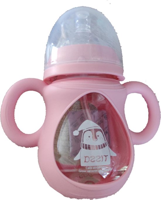Babyflesje - Roze Babyflesje, pink baby bottle, Baby voeding, Baby glas fles, baby, baby flessen, Anti-colic glas flesje, baby bottle 150ml, zuigfles  Anti-koliek.