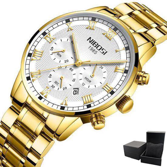 NIBOSI - Horloge voor mannen - Goudkleurig/Wit - Quartz - 42mm - RVS - 3 ATM waterdicht