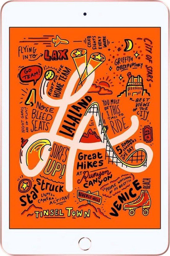 Gouden iPad Mini met een op Los Angeles geïnspireerd ontwerp op het scherm, met illustraties van bezienswaardigheden en attracties.
