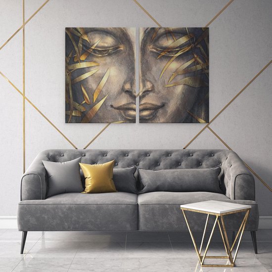 Artaza - Diptyque de peinture sur toile - Statue de Bouddha avec des feuilles d'or - 120x80 - Photo sur toile - Impression sur toile