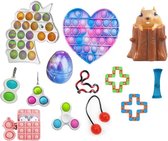 Fidget toy pakket, Fidget toy box, Fidget toy set, 13 stuks, Airpods Case, Simple dimple, Unicorn Push pop, Wacky Tracks, Slime egg, Rainbow heart push pop bubble, Fingerballs, Tangle