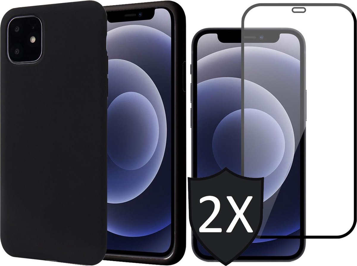 Hoesje geschikt voor iPhone 13 Met 2x Screenprotector - Fluweelzachte Backcover - Zwart