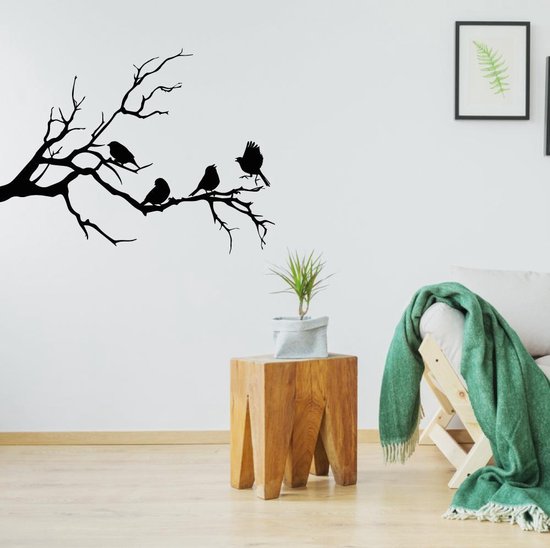 Muursticker Vogels Op Tak - Geel - 60 x 45 cm - slaapkamer woonkamer dieren