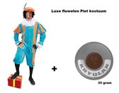 Luxe Piet pak turquoise/oranje fluweel maat M + GRATIS PROFESSIONELE SCHMINK - Sinterklaas thema feest kostuum Sint fluwelen pietenpak goud zwart  festival