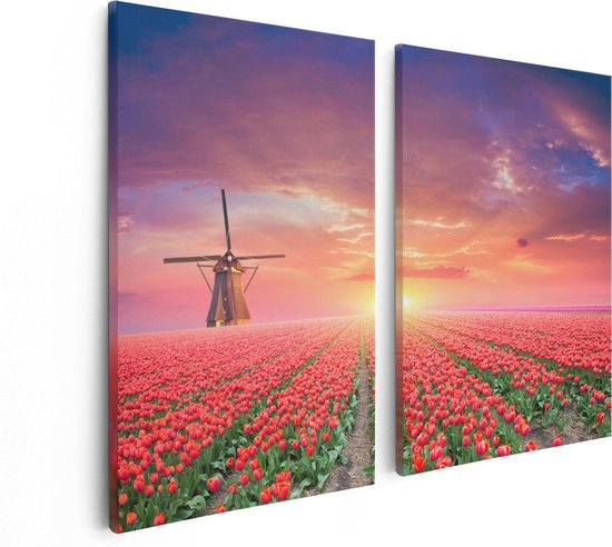Artaza Canvas Schilderij Tweeluik Rode Rozen Bloemenveld Met Een Windmolen - 80x60 - Foto Op Canvas - Canvas Print