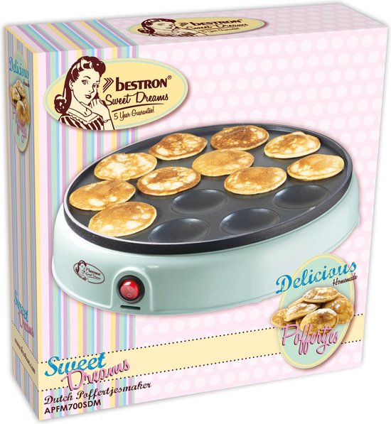 Doos met Bestron poffertjespan, met afbeeldingen van poffertjes en de tekst 'Sweet Dreams Dutch Poffertjesmaker APFM700SDM'.