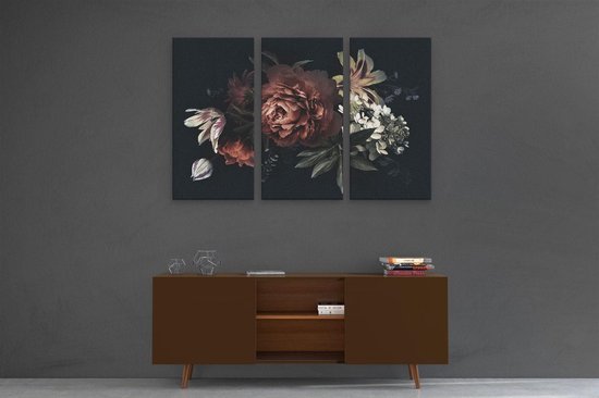 Artaza - Triptyque de peinture sur toile - Fleurs sur fond Zwart - 120x80 - Photo sur toile - Impression sur toile