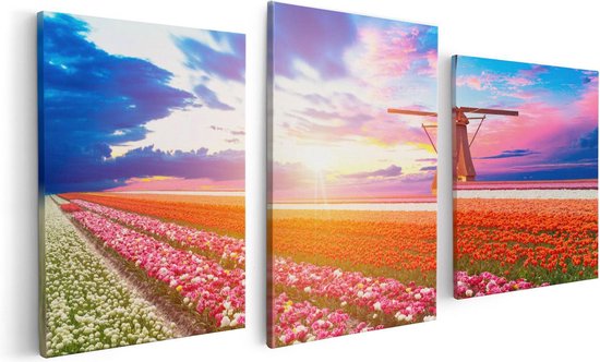 Artaza Toile Peinture Triptyque Coloré Champ De Fleurs Avec Un Moulin À Vent - 120x60 - Photo Sur Toile - Impression Sur Toile