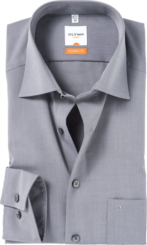 OLYMP Luxor modern fit overhemd - grijs fil a fil - Strijkvrij - Boordmaat: 45