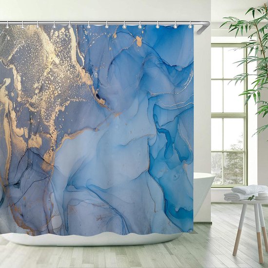Yakira™ Douchegordijn 120x200 cm blauw met goud marmer print wasbaar en