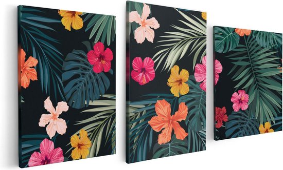 Artaza Canvas Schilderij Drieluik Getekende Tropische Bloemen - Abstract - 120x60 - Foto Op Canvas - Canvas Print