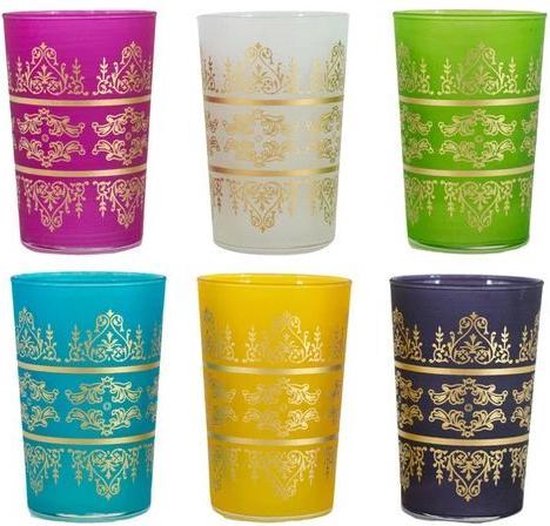 wat betreft mooi nauwelijks Gekleurde Marokkaanse Theeglazen met traditionele gouden patronen (pak van  6 glazen) | bol.com