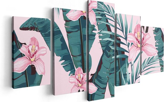Artaza Canvas Schilderij Vijfluik Tropische Roze Zomer Bloemen Met Bladeren - 100x50 - Foto Op Canvas - Canvas Print