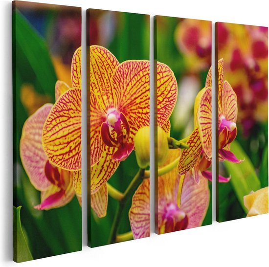 Artaza Canvas Schilderij Vierluik Geel Rode Orchidee Bloemen - 80x60 - Foto Op Canvas - Canvas Print