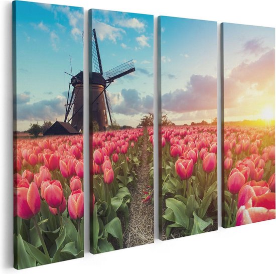 Artaza Canvas Schilderij Vierluik Roze Tulpen Bloemenveld - Met Windmolen - 80x60 - Foto Op Canvas - Canvas Print