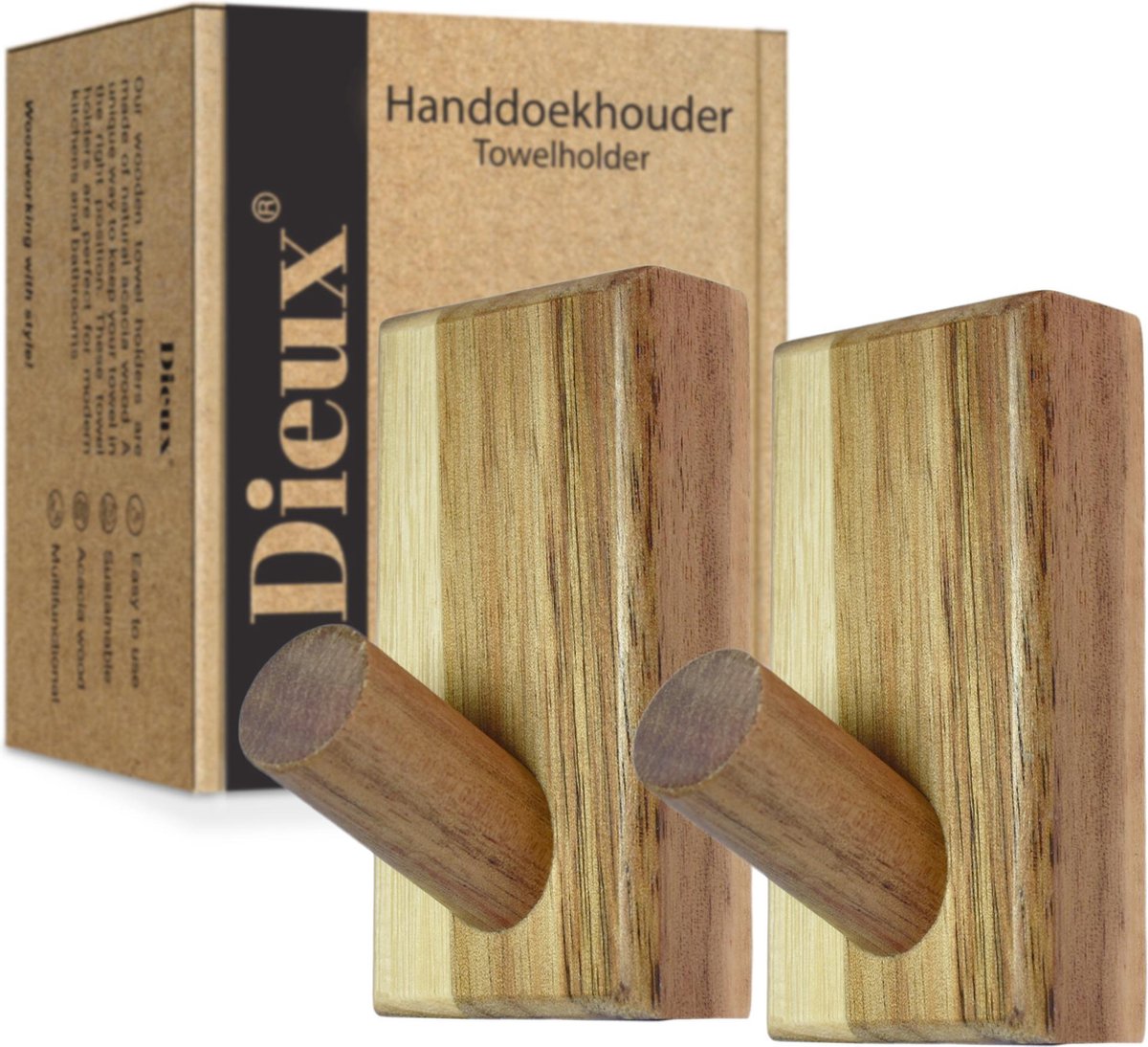 Dieux® - Luxe Handdoekhaakjes Zelfklevend - Handdoekhouder - Wandhaak - Acaciahout Haken - Zelfklevende Haakjes - Handdoeken - Handdoekrek - Badkamer - Keuken