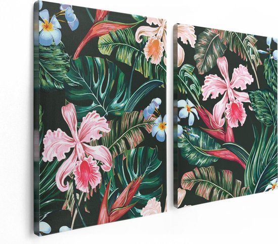 Artaza Canvas Schilderij Tweeluik Getekende Tropische Bloemen - Abstract - 120x80 - Foto Op Canvas - Canvas Print