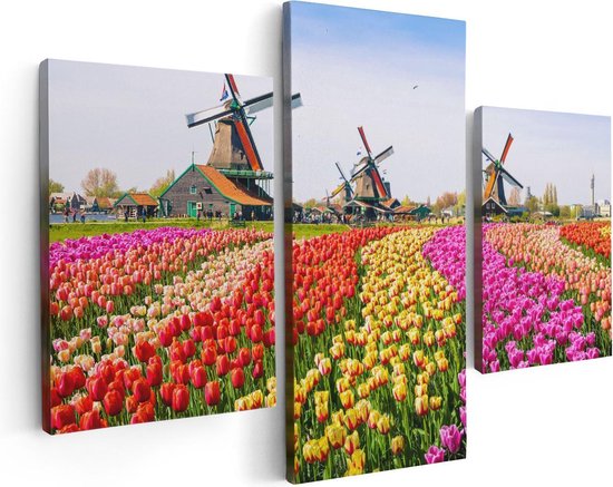 Artaza - Triptyque de peinture sur toile - Champ de fleurs de tulipes colorées - Moulin à vent - 90x60 - Photo sur toile - Impression sur toile