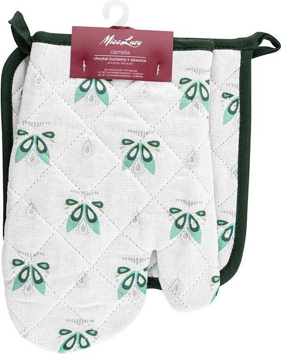 Miss Lucy Camelia set van 2 ovenwanten - Ovenhandschoenen - Pan lap - Keuken textiel - Keukenhandschoen - Wit
