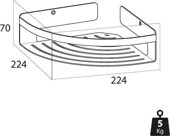 Technische tekening van een zwarte doucherek-hoekmaat 22,4 cm met afmetingen.