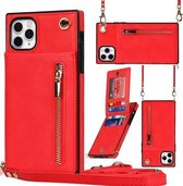 Cross-body Rits Vierkante TPU + PU Achterkant Case met Houder & Kaartsleuven & Portemonnee & Riem voor iPhone 11 Pro Max (Rood)