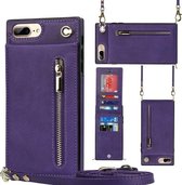 Cross-body Rits Vierkante TPU + PU Achterkant Case met Houder & Kaartsleuven & Portemonnee & Riem Voor iPhone 8 Plus/7 Plus (Paars)