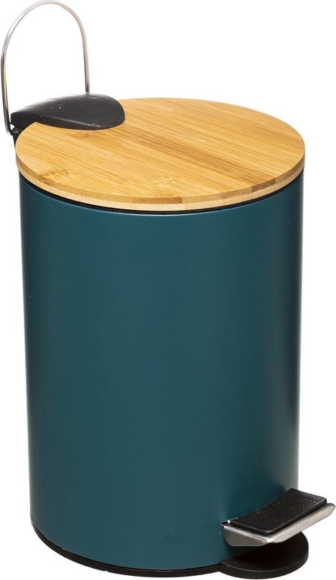 Pedaalemmer 3 liter met Bamboe Deksel –ª Petrol Blauw / Bamboe –ª Vuilnisbak –ª Afvalbak –ª Softclose –ª Stijlvol & Compact voor in de Badkamer - Toilet - Kantoor - Slaapkame