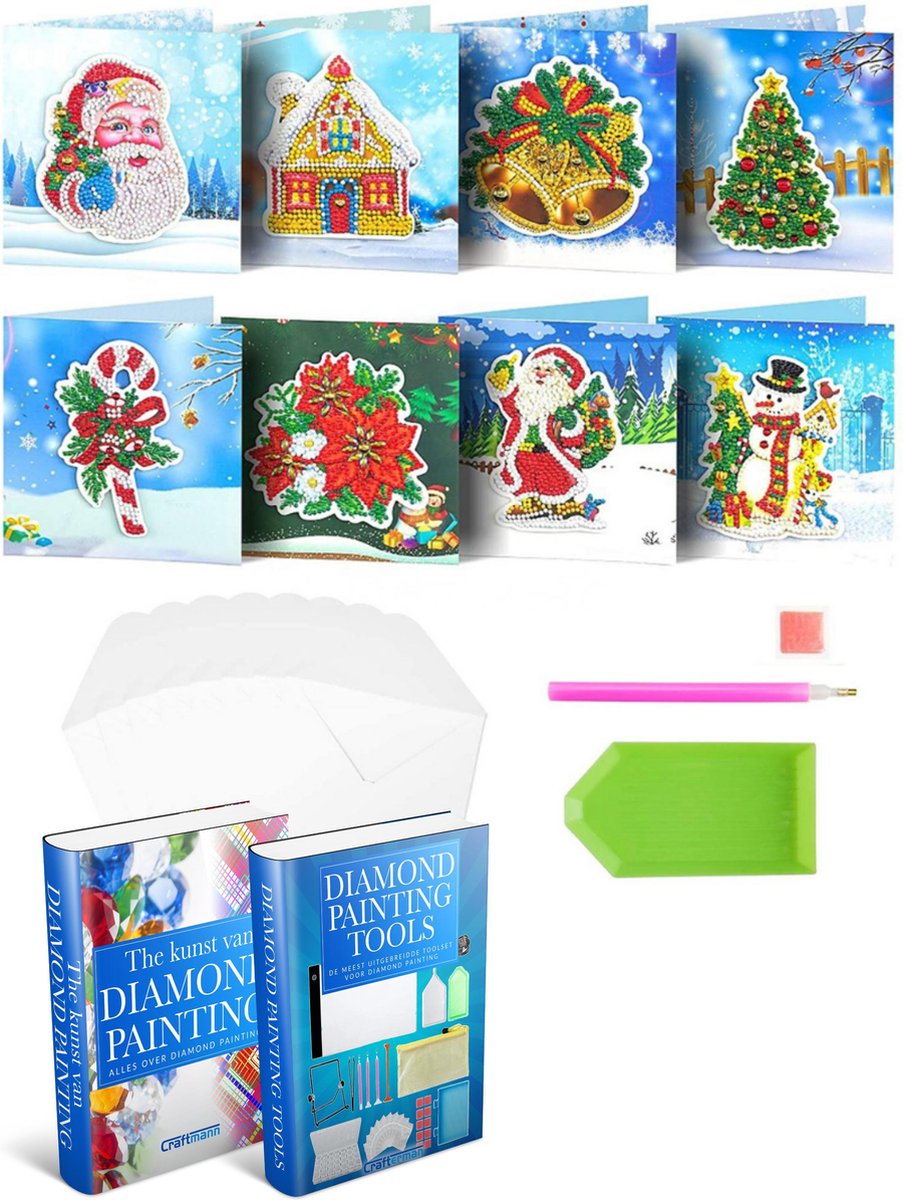Crafterman™ Diamond Painting Kerstkaarten pakket Volwassenen - RONDE STEENTJES! - Kerstman - Sneeuwpop - Kerstboom - Huis - 8 Pack - Met tijdelijk E-Book