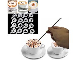 Barista cappucino latte art pen set  - koffie sjablonen met 16 cacaostrooier sjablonen  pencil - accesoires