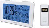 Wit Denver weerstation met blauw verlicht display met tijd, datum, temperatuur en luchtvochtigheid. Inclusief witte externe sensor.