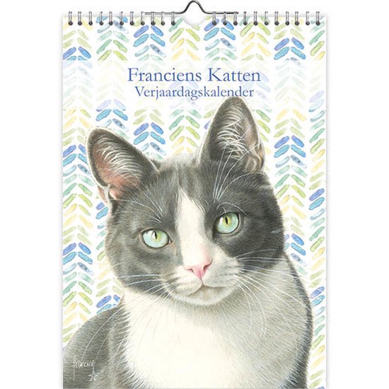 Verjaardagskalender met een portret van een grijze kat met witte vlekken en groene ogen.