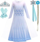 Prinsessenjurk meisje - Elsa jurk - Verkleedkleding - maat 128(130) - Kroon (Tiara) - Toverstaf Lint- Elsa Vlecht - Blauw - Prinsessen Accessoire set