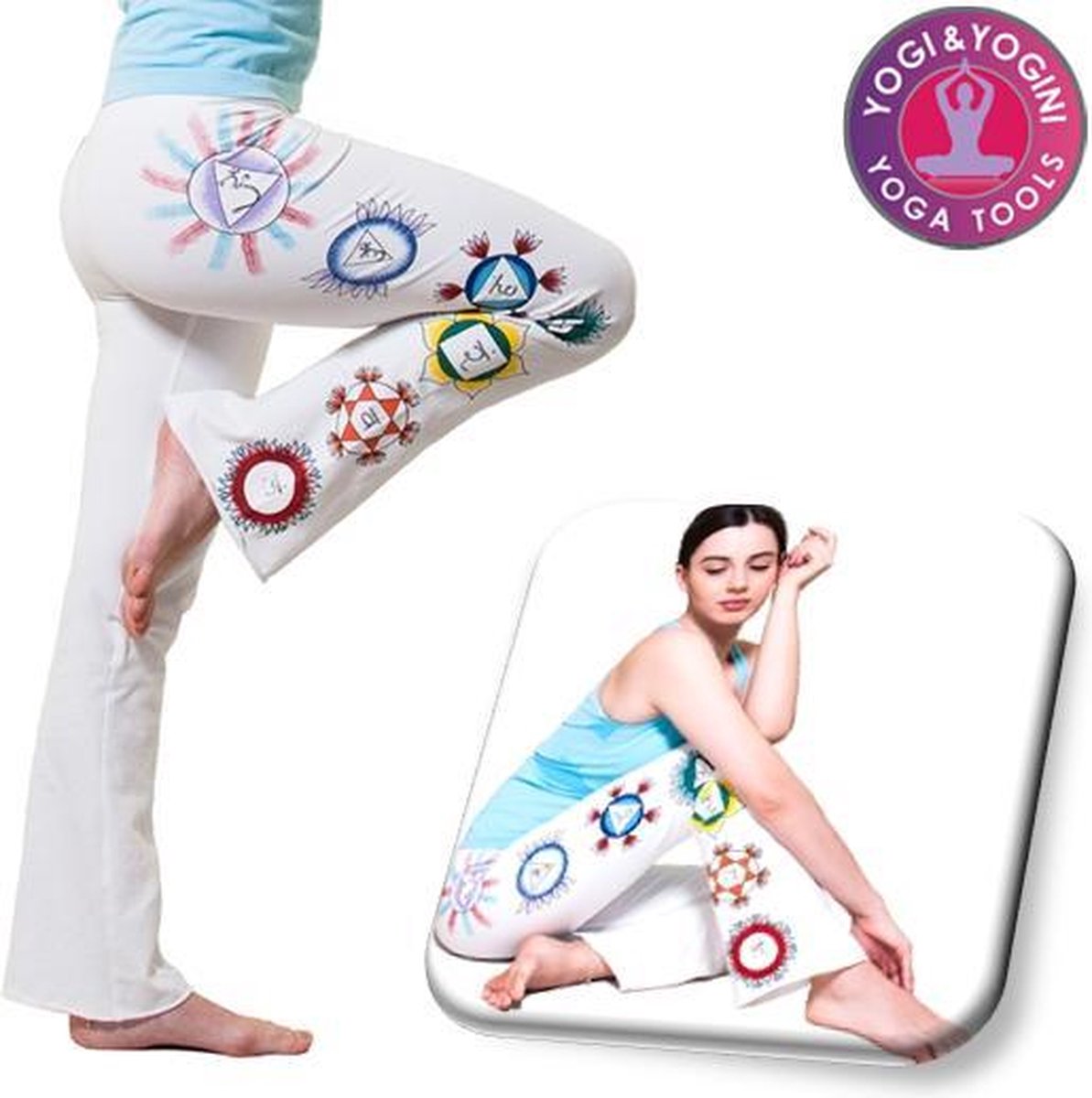 Yoga handgeschilderde Chakra broek - Katoen - Wit - Maat S