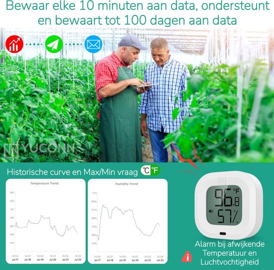 YUCONN Slimme Hygrometer Bluetooth - Thermometer binnen en buiten - Weerstation Draadloos - Luchtvochtigheidsmeter - Temperatuurmeter - Digitaal gratis YUCONN app