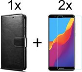 Huawei Y7 2018 hoesje bookcase met pasjeshouder zwart wallet portemonnee book case cover - 2x Huawei Y7 2018 screenprotector