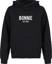 BONNIE & CLYDE couple hoodies zwart (BONNIE - maat S) | Gepersonaliseerd met datum | Matching hoodies | Koppel hoodies