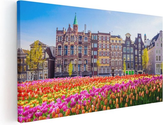 Artaza Canvas Schilderij Amsterdamse Huisjes Met Tulpen - Kleur - 40x20 - Klein - Foto Op Canvas - Canvas Print