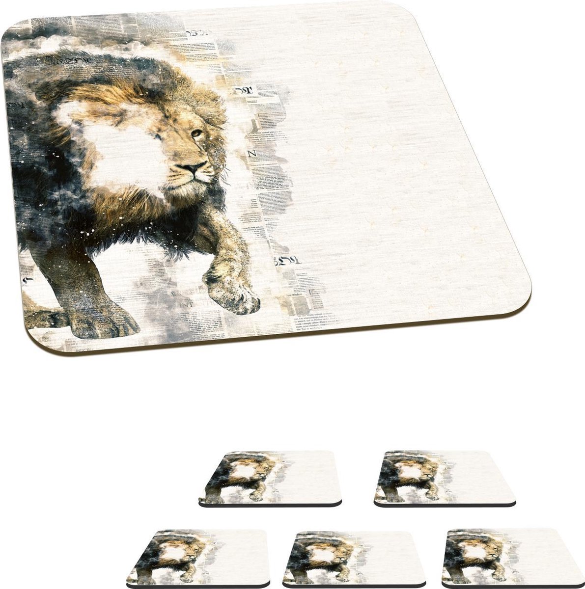 Onderzetters voor glazen - Leeuw - Krant - Kleuren - 10x10 cm - Glasonderzetters - 6 stuks