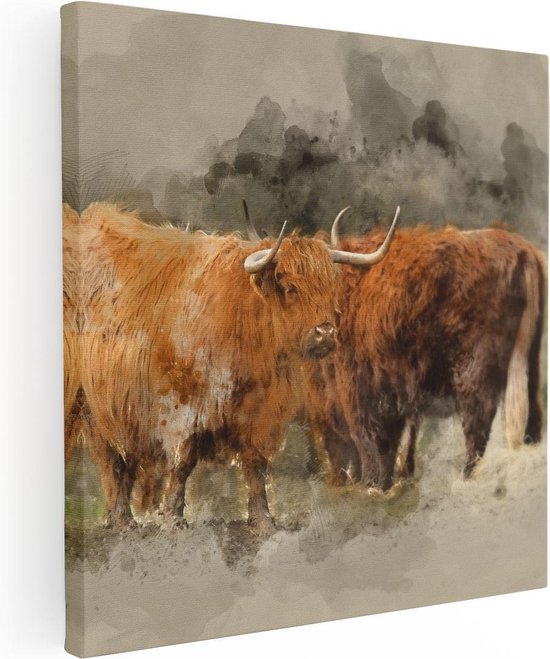 Artaza Canvas Schilderij Twee Schotse Hooglander Koeien - Abstract - 90x90 - Groot - Foto Op Canvas - Canvas Print