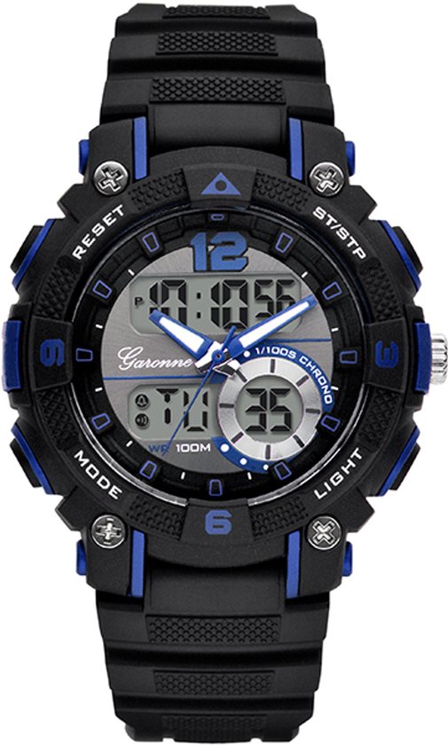 Zwarte Garonne sport horloge met blauwe accenten. Digitale en analoge wijzerplaat met "Garonne" logo.