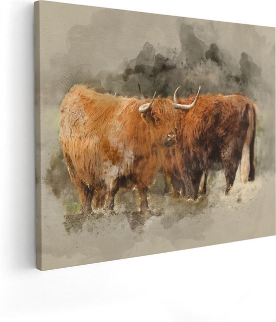 Artaza Canvas Schilderij Twee Schotse Hooglander Koeien - Abstract - 50x40 - Foto Op Canvas - Canvas Print