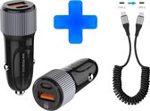 Autolader USB-A & USB-C met USB-C Oplaadkabel - Snellader -Krulsnoer - Uitrekbaar- Auto Lader - Sigarettenaansteker Oplader - Geschikt voor HTC Desire / Evo / One / HD / Nexus / Smart / Sensa